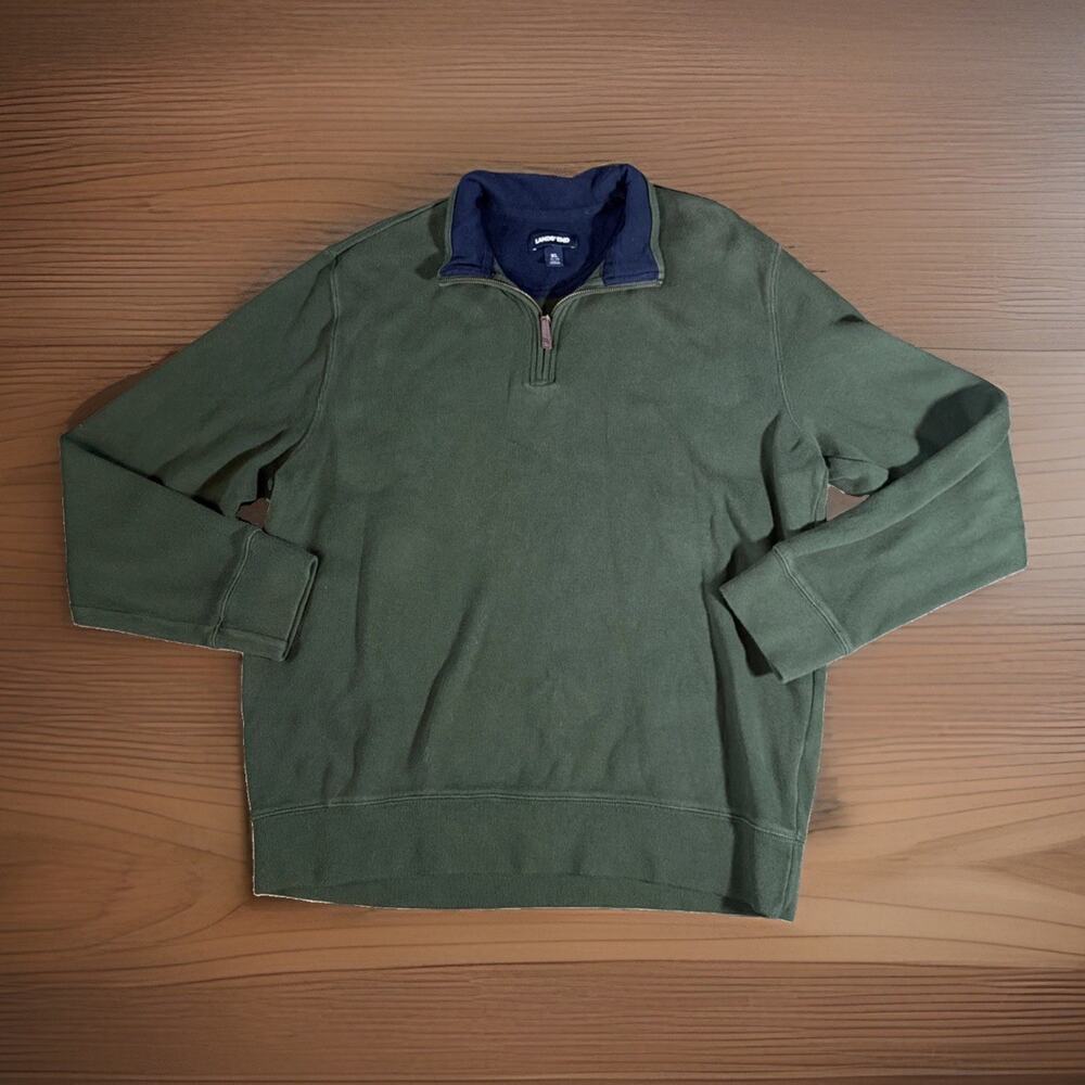 Land's End Sz XL Green Quarter Zip Pullover Sweatshirt Cotton Preppy Old Money